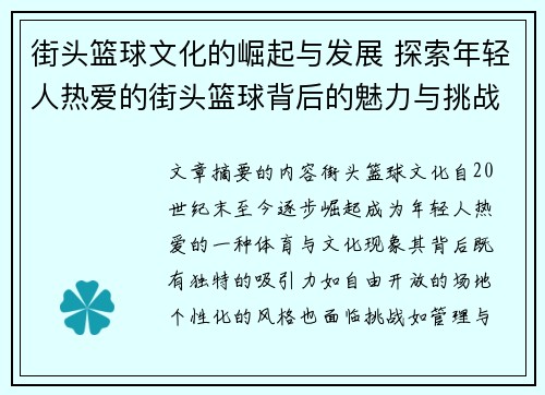 街头篮球文化的崛起与发展 探索年轻人热爱的街头篮球背后的魅力与挑战