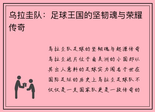 乌拉圭队：足球王国的坚韧魂与荣耀传奇