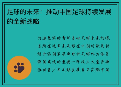 足球的未来：推动中国足球持续发展的全新战略