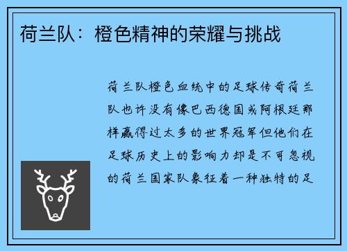 荷兰队：橙色精神的荣耀与挑战